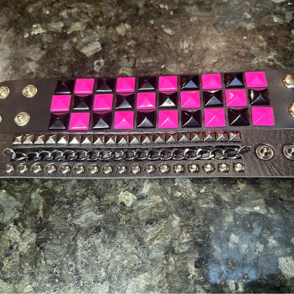 My Valentines Pack 2 PCs Pink and Black faux leather Gothic studded Chain Punk - Picture 6 of 8